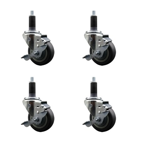 Service Caster 3.5'' SS Thermoplastic Rubber Swivel 1-1/8'' Expanding Stem Caster Set with Brake, 4PK SCC-SSEX20S3514-TPRB-TLB-118-4